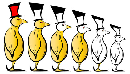 Penguin in a hat turns into a glass on his head. Vector illustration of a yellow penguin turning into a contour. Banner for advertising alcohol