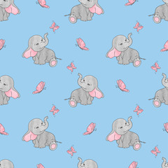 Seamless pattern with cute elephants and butterflies on blue. Vector background for kids design.