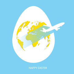 Easter egg yolk with yellow world map. Planet Earth in egg shape on sky blue background with flying white air plane and greeting text Happy Easter. Flat Vector illustration