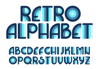 Colorful geometric retro alphabet with stripes. Uppercase letters for poster, headline, decorative lettering. Vector illustration.