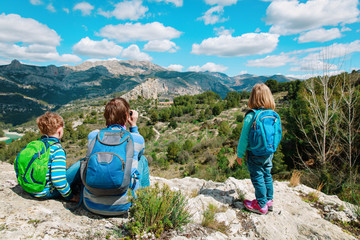 father with son and daughter hiking travel in Guadalest, Spain