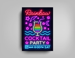 Cocktail party poster vector template. Rainbow Cocktail Party, Poster Neon, Neon Sign, Light Banner, Bright Invitation to Party or Dance, Nightlife Brochure, Typography, Postcard for Nightclub