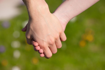 Young couple holding hands in front of spring meadow