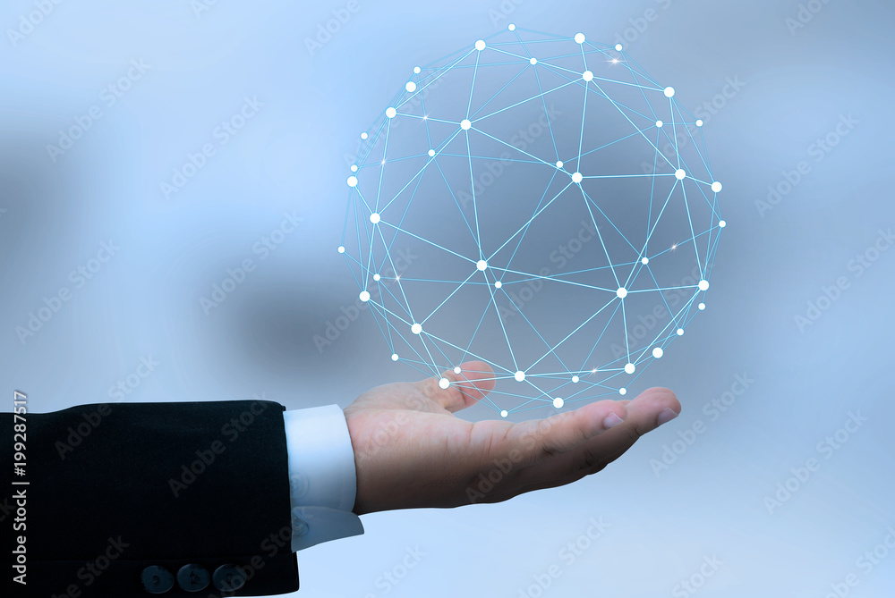 Poster hand of businessman holding global network connection and earth globe with points and lines.