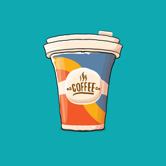 Coffee cup isolated on turquoise background . vector coffee paper color cup with hot coffee and color label
