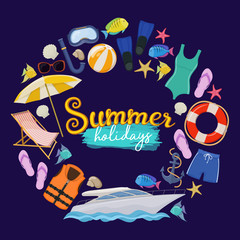 Set of beach summer holidays accessories, cartoon illustration. Vector