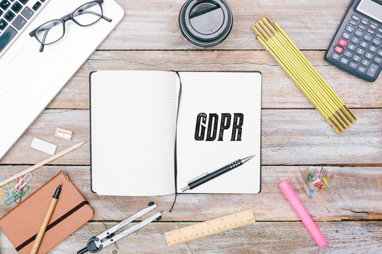 General Data Protection Regulation (GDPR) new law in 2018, office desk flat lay in journal of writer on office desk flat lay