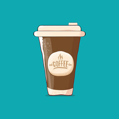 Coffee cup isolated on turquoise background . vector coffee paper color cup with hot coffee and color label