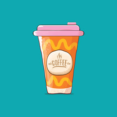 Coffee cup isolated on turquoise background . vector coffee paper color cup with hot coffee and color label