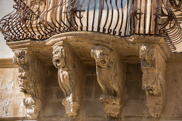 Architectural details of Palazzo Beneventano in Scicli, Sicily, Italy