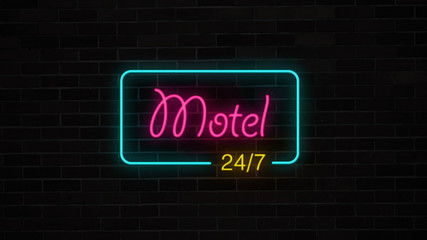 Neon Motel 24/7 sign glows and lights on grunge brick wall. Hotel open 24 hours. retro electric luminous signboard.
