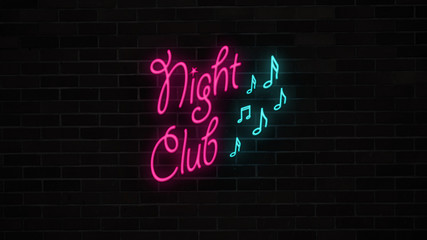 Neon Night club sign with notes turning on and blinking on grunge brick wall. Night music bar for party open 24 hours.  Retro electric luminous signboard glows and lights.
