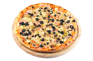 Italian pizza Napoli speciality. Italian delicious pizza Napoli on the wooden support isolated on the white background.