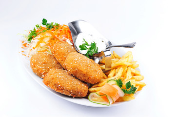 Fried cheese with garnish. 