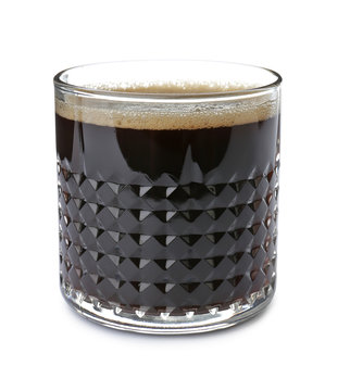 Glass with delicious coffee on white background