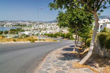 Obraz premium Sunny view of oldfashioned windmills at the hill of Bodrum, Mugla province, Turkey.