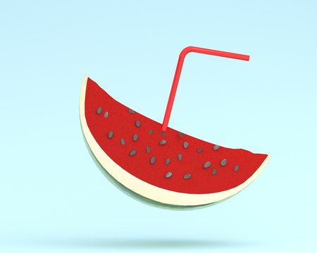 Juicy watermelon sliced, Juice with straws on blue color pastel background. minimal fruit concept. Idea creative foods and drinks that are typically enjoyed at summer times festivals around the world