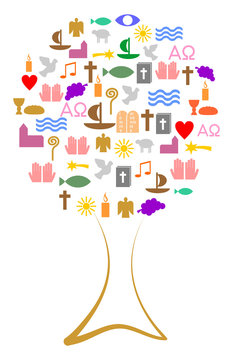 Baum aus bunten christlichen Symbolen