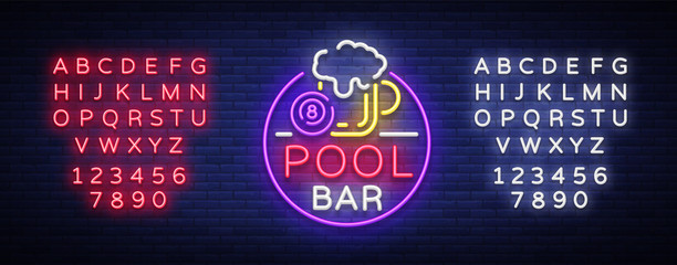 Pool bar logo in neon style. Neon sign design template for Billiard bar, club, beer and billiard light banner, night neon advertisement, design element. Vector illustration. Editing text neon sign