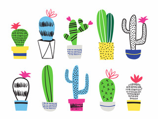 Set of cactus in flowerpots. Vector illustration.