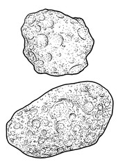 Asteroids illustration, drawing, engraving, ink, line art, vector