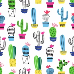Printed kitchen splashbacks Plants in pots Cactus kid seamless pattern. Vector decoration.