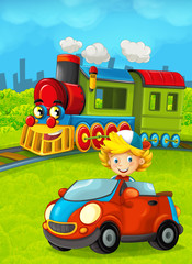 Fototapeta premium Cartoon train scene with happy kid / boy - illustration for the children