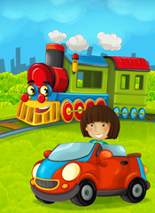 Cartoon train scene with happy kid / girl - illustration for the children