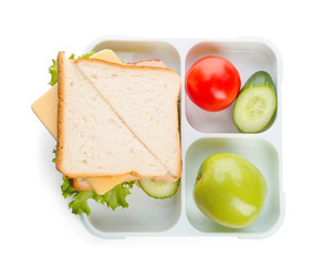 Lunch box with appetizing food on white background, top view