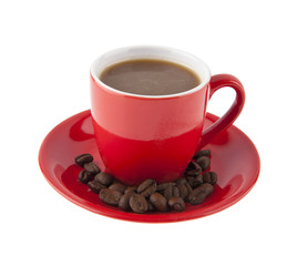 red cup with coffee beans isolated on white background