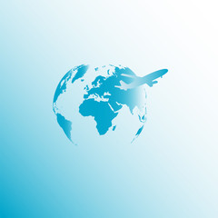 Fototapeta premium Planet Earth on light blue background with flying up air plane. Flat design Vector illustration.