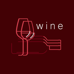 Wineglasses and bottles. Modern line style. Vector illustration. Template for the menu, tasting, logo. Icon of wine, winery.