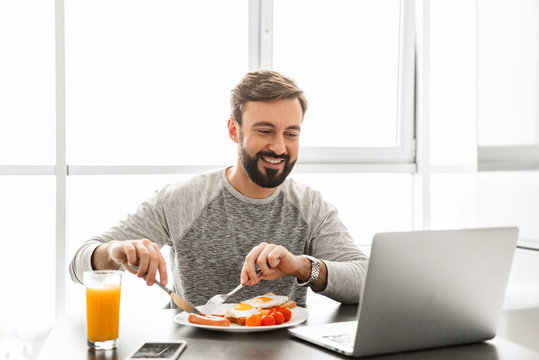 Unshaved satisfied man 30s wearing casual clothing eating fried eggs for breakfast, and looking at notebook