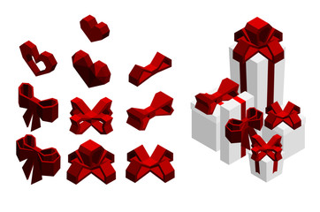 A set of gifts, hearts and bows on a white background. Isometric 3d