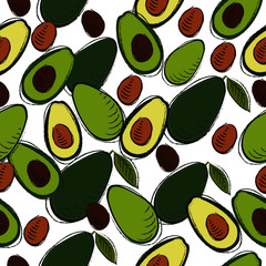 A pattern of avocados halved and whole on a white background. seamless