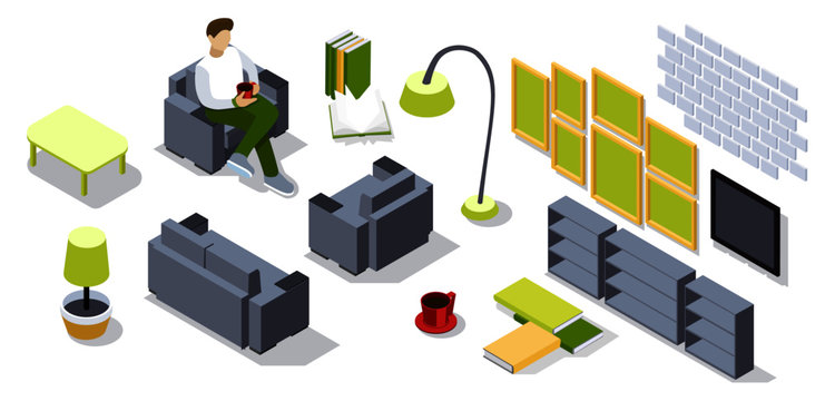 a set of elements for the living room in isometric. A light sofa, an armchair with a man drinking coffee, a table, flowers, a wall and a parquet, books and a cup