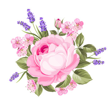 Spring flowers bouquet of color bud garland. Label with rose and lavender flowers. Vector illustration.