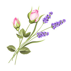 Wedding flowers bouquet of color bud garland. Label with rose and lavender flowers. Vector illustration.