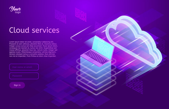 Isometric vector illustration showing the cloud computing services concept laptop and web servers. Cloud data storage.. Ultraviolet colors. Abstract tech background