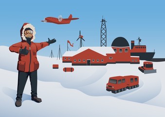 Antarctica and North Pole. Polar Explorer at the research station. Offshore oil production. Vector illustration. © Tatyana