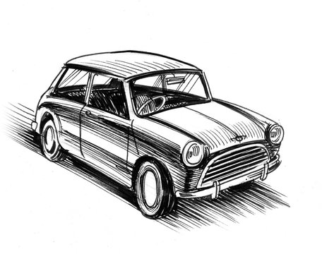 Ink black and white illustration of a vintage British car