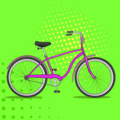 Fototapeta na wymiar Pop art bike. The vehicle is pink. Comic book style imitation