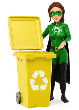 3D Woman Superhero Of Recycling Standing With A Yellow Bin For Recycling