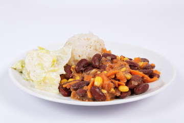 Red beans with corn and carrot, sorghum on a white