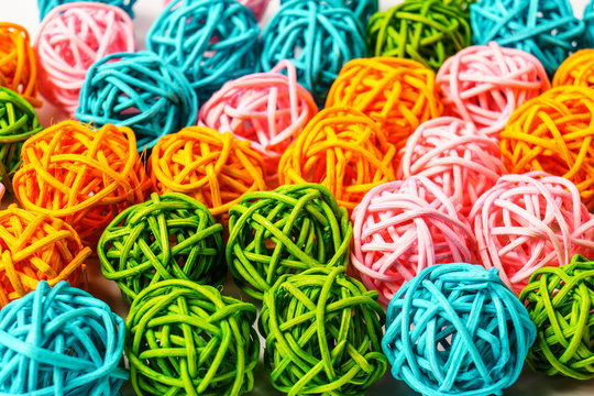 Multicolor rattan light balls. Creative decoration concept for Christmas celebration and Holiday.