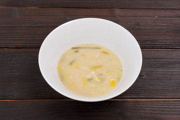 Yeasts soup with vegetables on a table