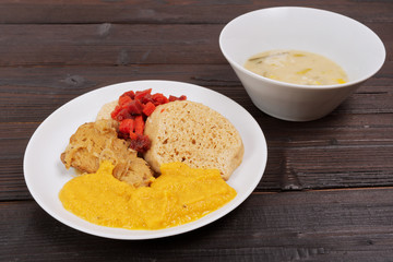 Sauce with seitan and dumplings on a table