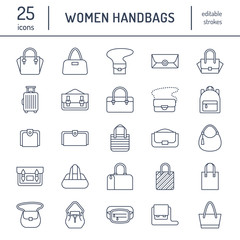 Women handbags flat line icons. Bags types - crossbody, backpacks, clutch, totes, hobo, leather briefcase, luggage. Trendy accessories thin linear signs for fashion store.