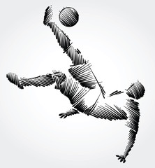 Soccer player falling trying to kick the ball made of black brushstrokes on light background © dimiSantos