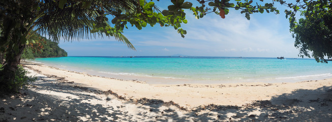Thailand Bright blue water and white sand panorama